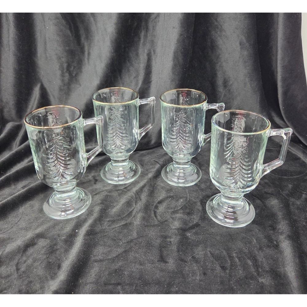 Set 4 VTG Indiana Glass 'Holiday Gold' Footed Irish Coffee Mugs Christmas Tree